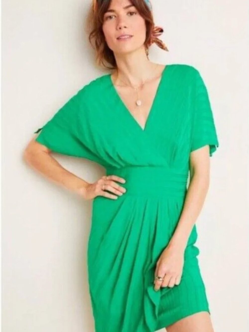Anthropologie Emerald Green V-Neck Pleated Midi Dress
